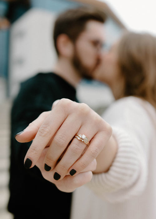 closeup photo of a hand wearing a wedding ring and the couple is out of focus behind the hand